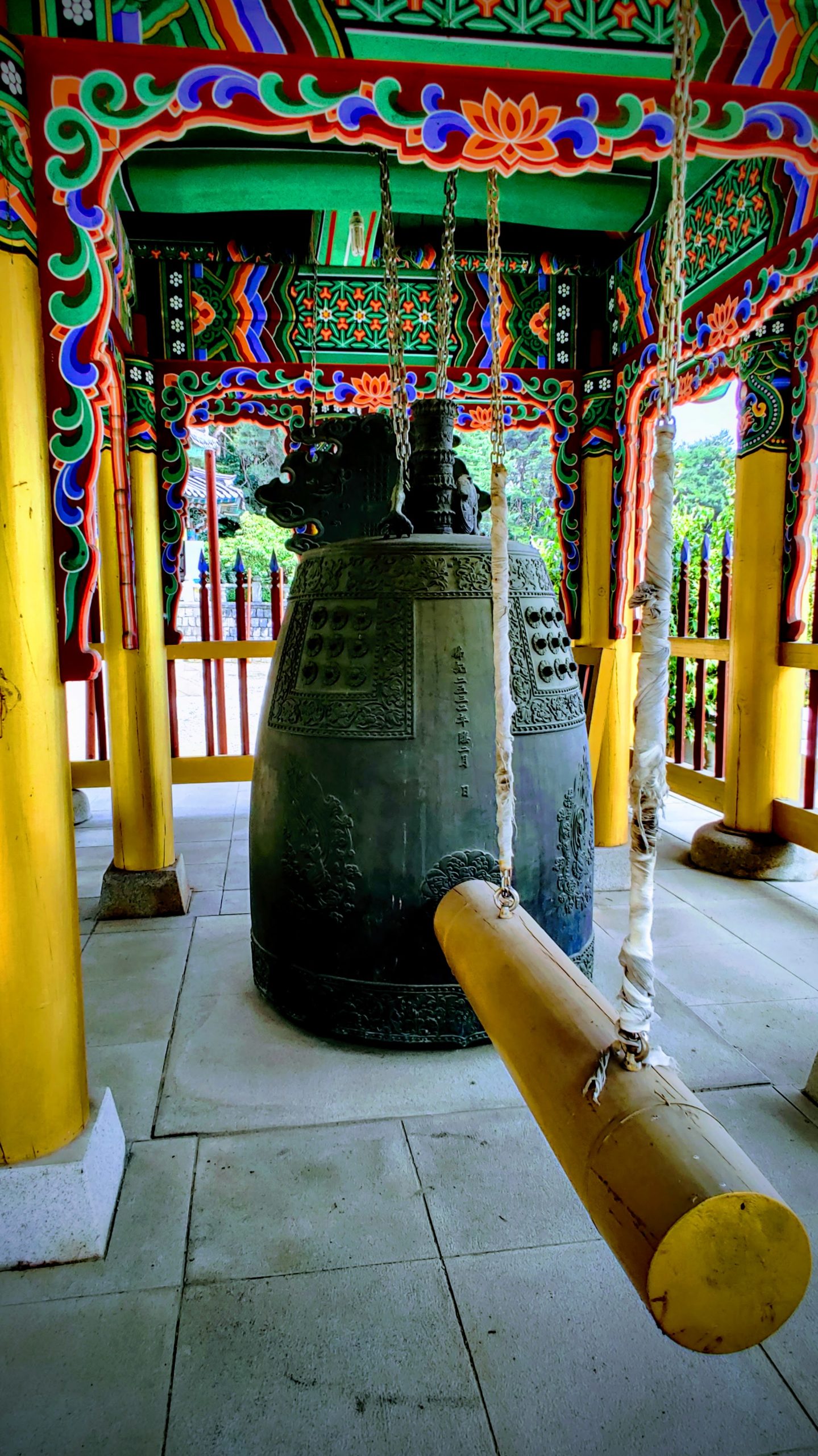 a large metal bell (called a Jonggo) at a korean buddhist temple in south korea