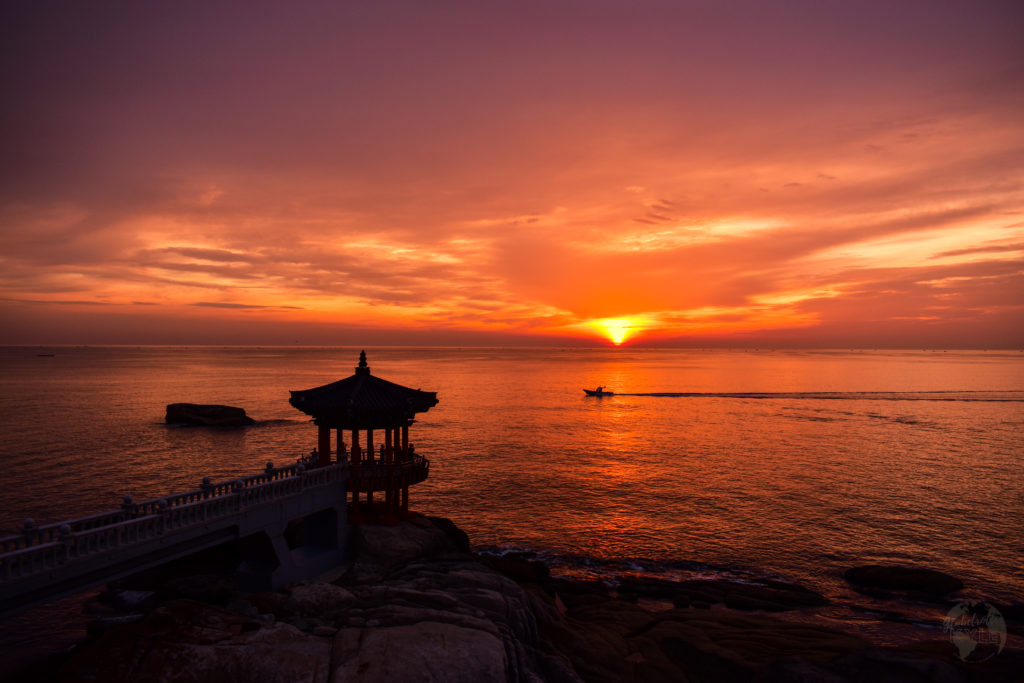 sunrise over the ocean with a silhouette of korean temple architecture appears in the foreground
