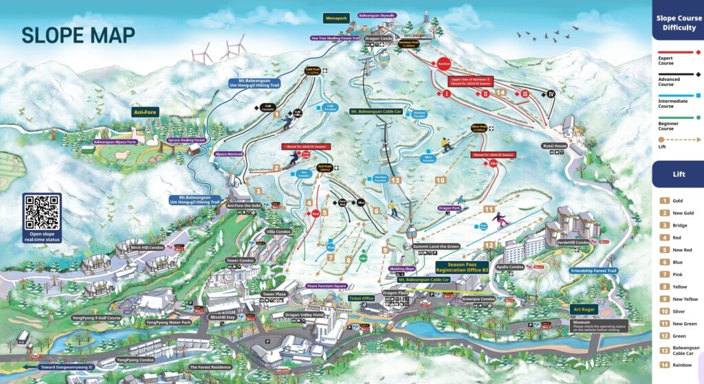 Yongpyong slope map for snowboarding in south korea