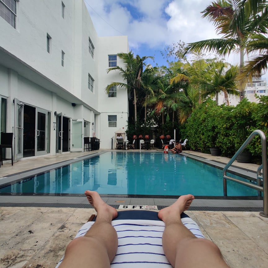 laying by the hotel pool in Miami with palm trees and white buildings and blue water