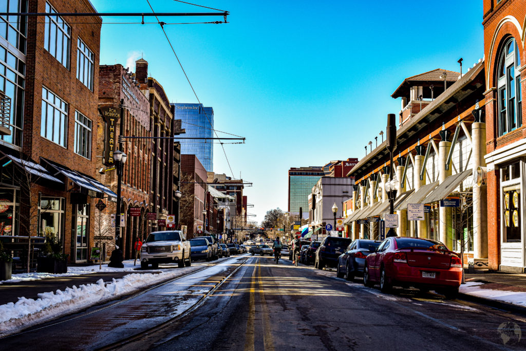 Little Rock River Market District with old industrial buildings in a downtown setting on a sunny day