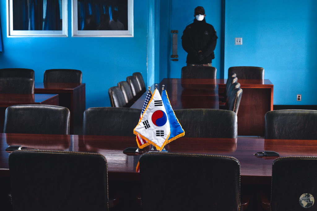 A South Korean soldier stands guard inside the conference room at the JSA inside the DMZ