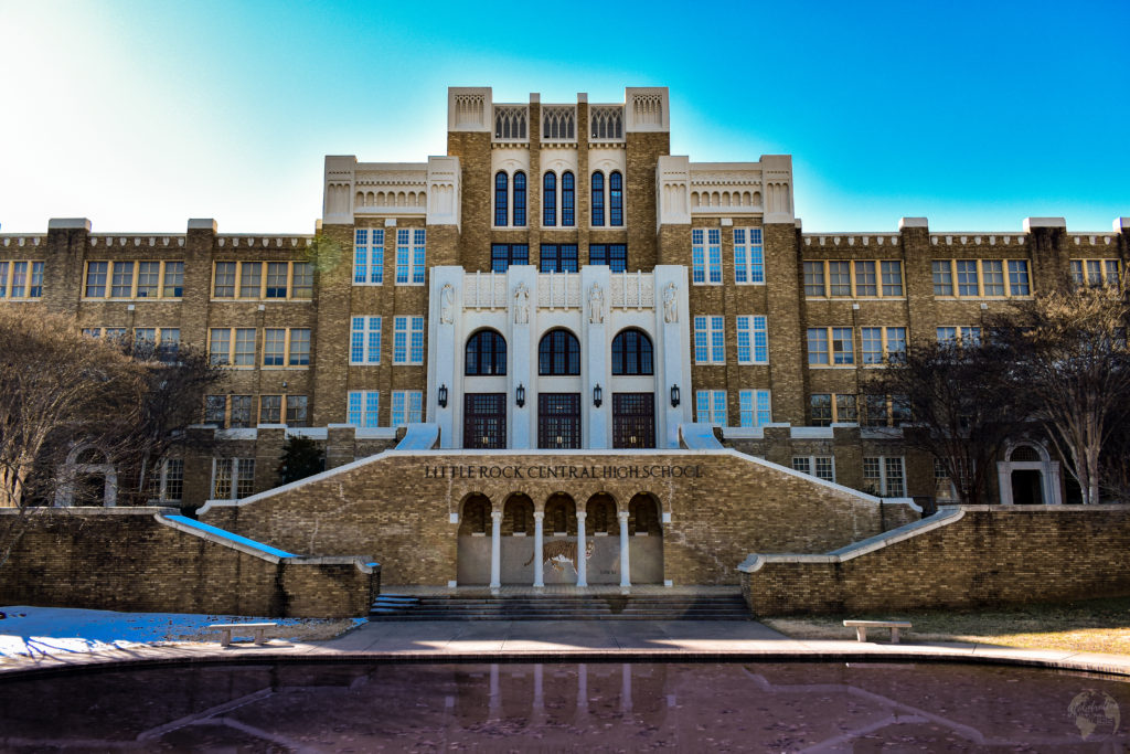 Little Rock Central high School historic site an old historic brick building with pond in front