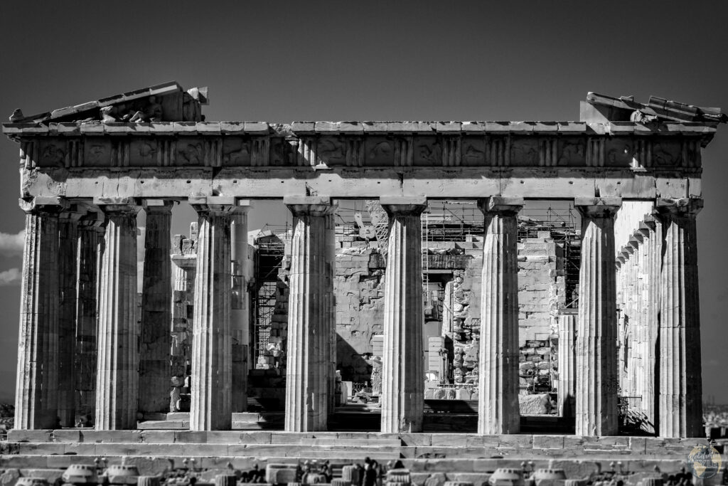 The Parthenon in black and white, a key attraction for what to do in Athens