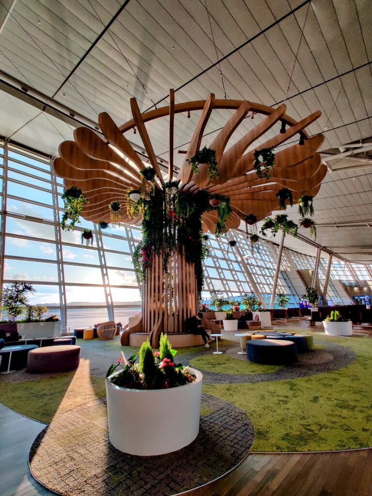 A large room with a large tree and plants in the Incheon Airport Terminal that you pass as you PCS to Korea