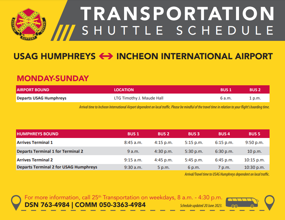Timetable for the bus from USAG Humphreys to Incheon Airport for your PCS to Korea
