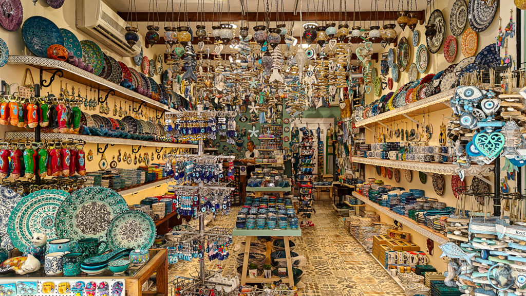 Greek pottery for sale in a shop on the island of Kos Greece