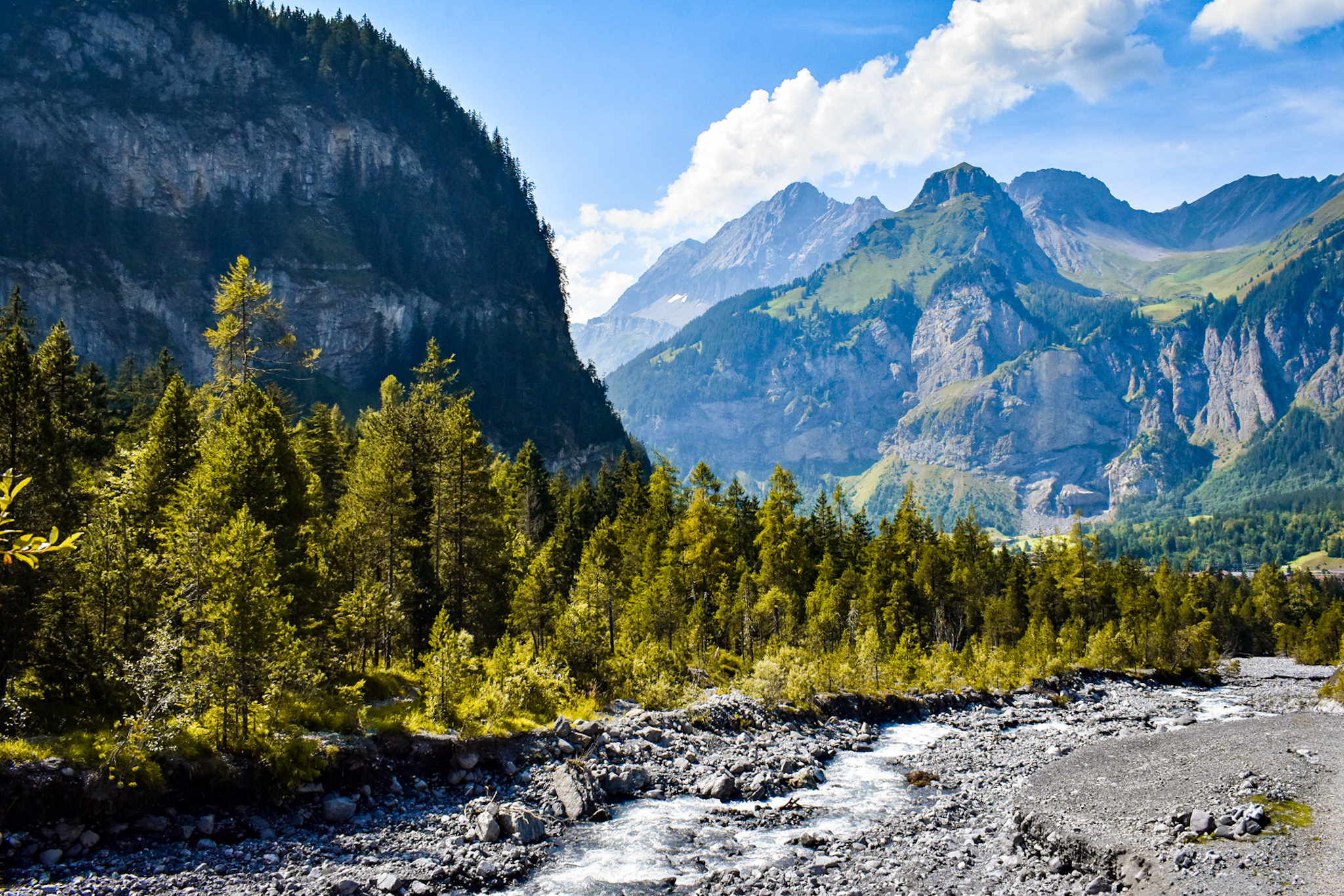 pine trees line a river set in front of tall mountains in switzerland, a sight commonly seen when doing a hut to hut hike in Switzerland